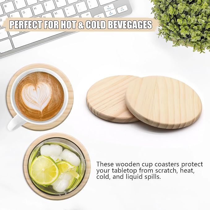 12 Pack 4 Inch Unfinished Round Wood Coasters with Non Slip Pad