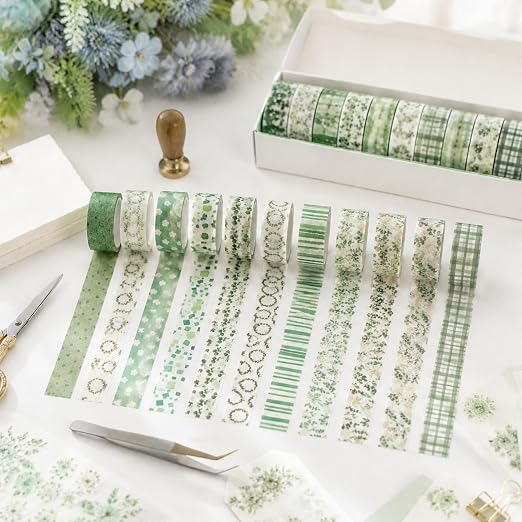 12 Roll Floral Washi Tape Set Flower Decorative Masking Tape for Scrapbook | Green Eucalyptus Leaves Washi Tape Set for Back to School Arts DIY Craft Scrapbook Journal Supplies Gifts