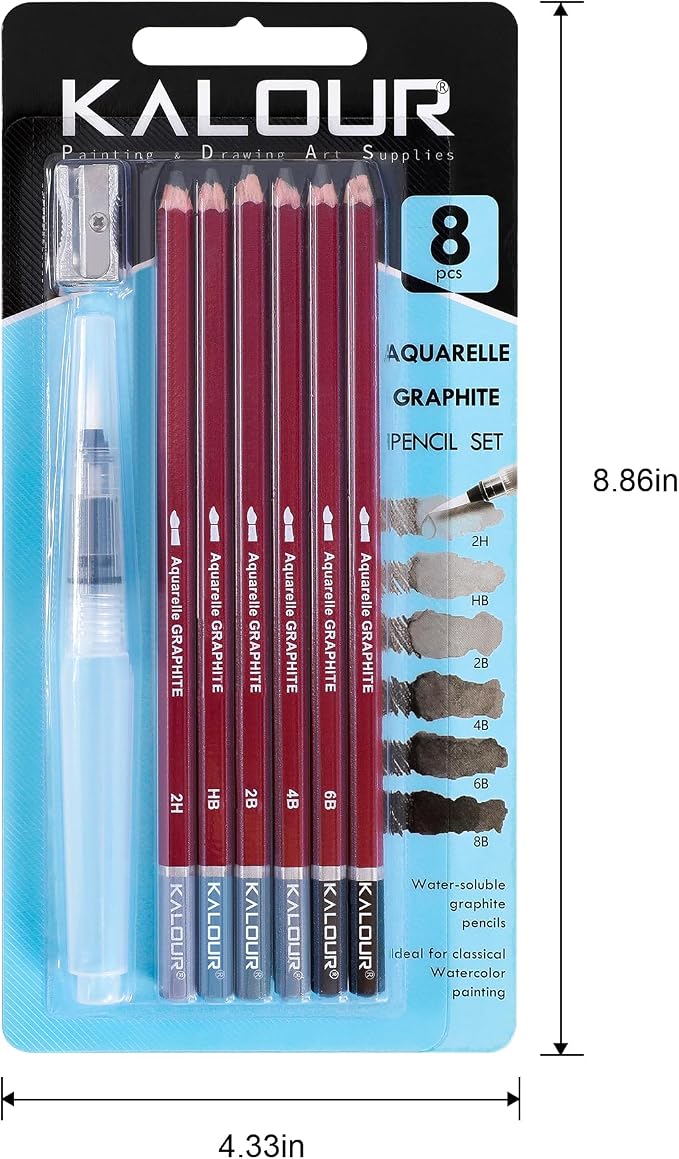 KALOUR PDAS Water-Soluble Graphite Aquarelle Drawing Pencils, 2H HB 2B 4B 6B 8B Grey, Professional Sketching Set with Water Brush and Pencil Sharpener