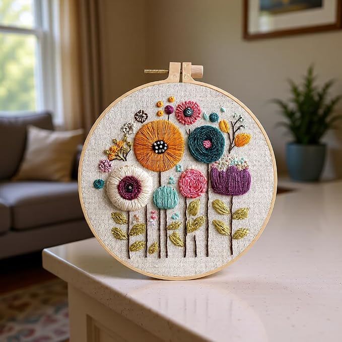 Embroidery Kit for Beginners & Adults Starter Kit, Cross Stitch Kits,DIY Hand Embroidery Needlepoint Set with Hoop, Pre-Printed Fabric, Threads and Instructions (Flower-3)
