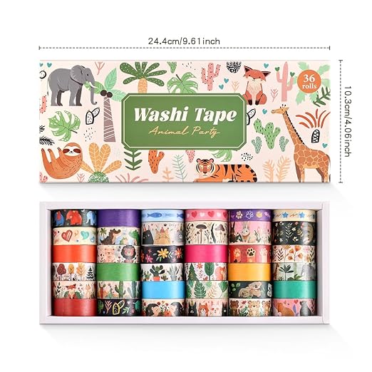 icceemee 36 Rolls Animal Theme Washi Tape Set, Colorful Cute Adorable Animals Writable Decorative Tapes for Scrapbooking, Junk Journal Supplies, Bullet Journaling, 0.6"x79" per Roll