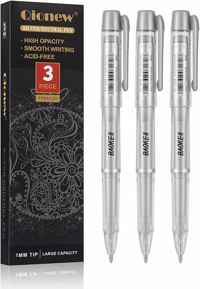 Qionew Silver Gel Pens, 3 Pack, Silver Gel Ink Pen Set for Art Highlight