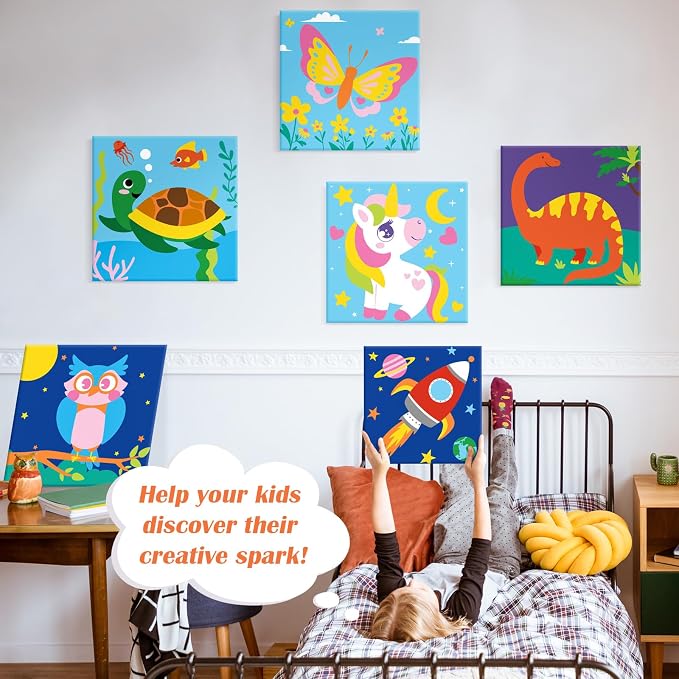 goldentime 6 Pack 8x8inch Paint by Numbers Kit for Kids, Predrawn Canvas for Painting with Unicorn, Butterfly & More, Includes 18 Acrylic Paints, 6 Brushes & Easels, Easy Art Supplies for Kids 4-8-12
