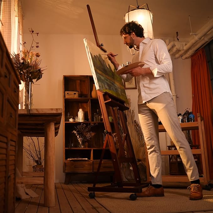 MEEDEN Studio Wood H-Frame Easel: Art Easel with Storage for Artist | Wooden Artist Painting Easel on Wheel - Floor Easel with Movable Tilting for Adults Artist Art Students Beginners Deep Walnut