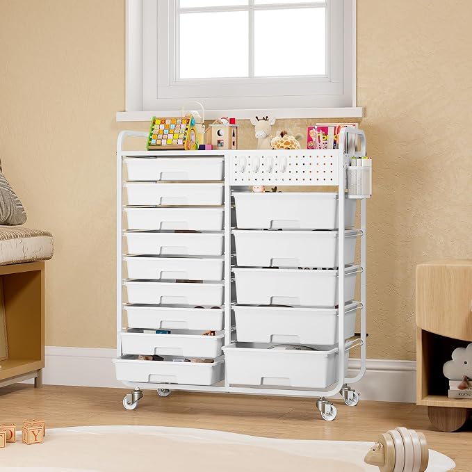 14 Drawer Rolling Storage Cart with Tabletop and Pegboard for Crafts White | Easy Setup, Large Capacity, Sturdy Build, Smooth Mobility, For classroom, office and dorm supplies
