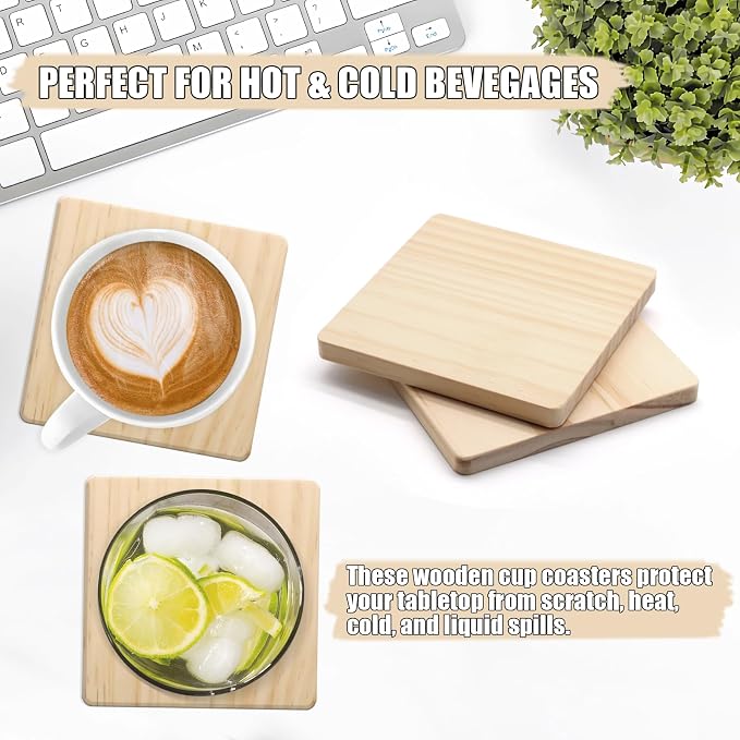 24 Pack 4 Inch Unfinished Square Wood Coasters with Non Slip Pad
