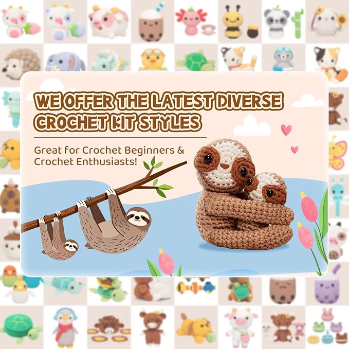 Mewaii Crochet Kit for Beginners, 2 Pack Sloth Craft Set | 40% Extra Yarn, Video Tutorial, Pre-Started Piece, Beginner Friendly, Family Craft Gift for Adults & Kids