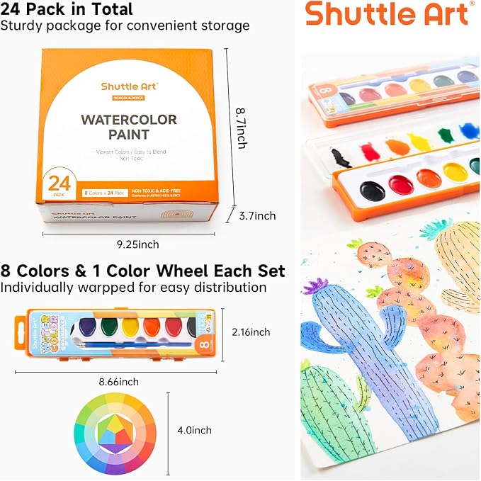 Shuttle Art 24 Pack Watercolor Paint Set, 8 Colors with Paint Brushes & Color Wheels, Washable for Kids & Adults, Suitable for Classroom, Parties, Kindergarten & Art Activities