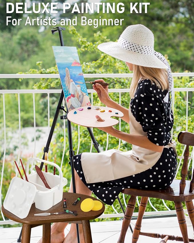 Nicpro 158PCS Deluxe Art Painting Kit for Artist with Easel, Paints & Brush | Professional Metal and Solid Beech Wood Easel, Acrylic, Oil & Watercolor Paint Set, Paint Brushes, Canvas, Palette, Paper Pad
