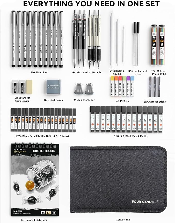 Four Candies 73PCS Advanced Drawing Kit with Professional Art Supplies | Fineliner Pens, Mechanical Pencils, 3-Color Sketchbook, Charcoal Sticks,Pastels for Sketching Drawing Comics, Artists