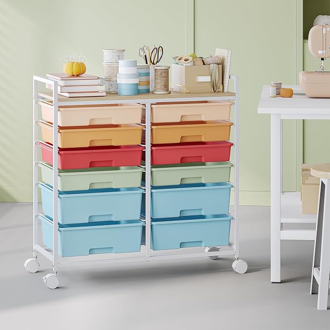 TOOLF 12 Drawers Rolling Storage Cart with Wooden Top for Classroom,Rainbow | Teacher Cart Craft Art Supply Organizer, Utility Cart with Lockable Wheels for Home Household Essentials, Office Organization