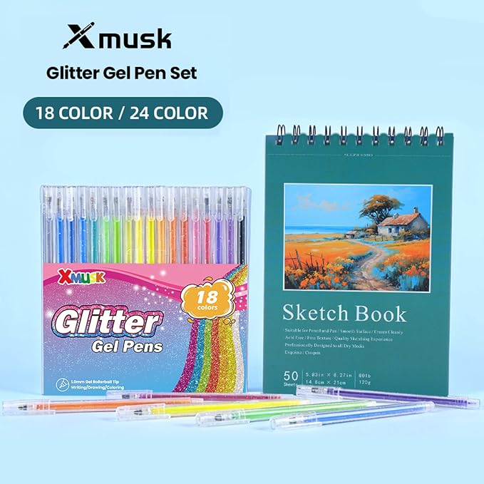 24 Colors Glitter Gel Pens Set with A5 Sketchbook (50 Sheets 120gsm)