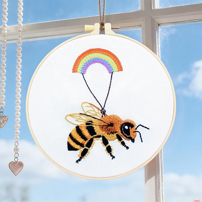 Crafmanoe Cute Bees Embroidery Kits for Beginners Adults, Hand Embroidery Starters Kits, Stamped Cross Stitch Kits DIY Needlepoint Kits for Beginners Adults, Embroidery Hoop, Thread and Video Tutorial