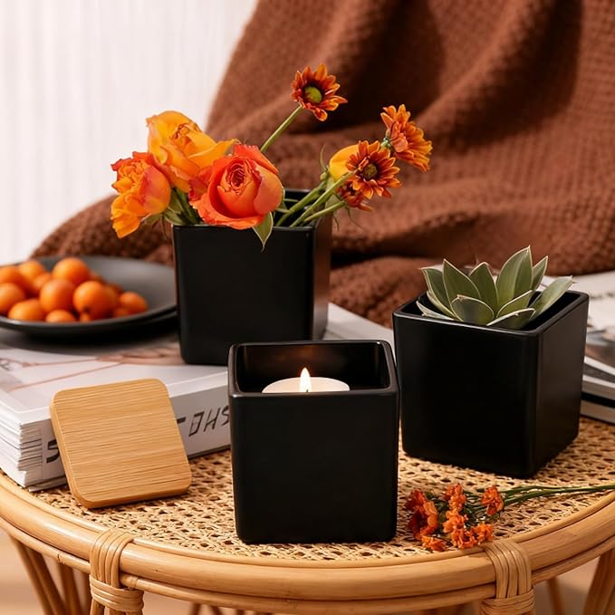 CONNOO 12 Pack 9oz Matte Black Glass Square Candle Jars with Bamboo Lids