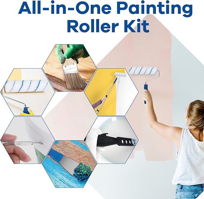 Paint Roller Kit with Extension Pole 28 Piece Set, 4" 9" Paint Roller with Tray, Paint Brushes Set for Professional Painting, House Wall Ceiling Painting Supplies for All Latex and Oil Paints Stains