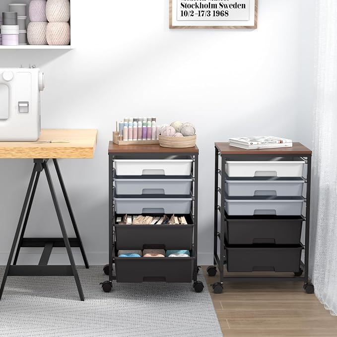 SYKIARIOL Utility Cart with Drawers,5 Drawers Storage Cart,Dark Grey | 5-Tiers Storage Cart with Drawers with Lockable Wheels for Craft Organizers and Storage,Home Office,Classroom,Dorm,Playroom