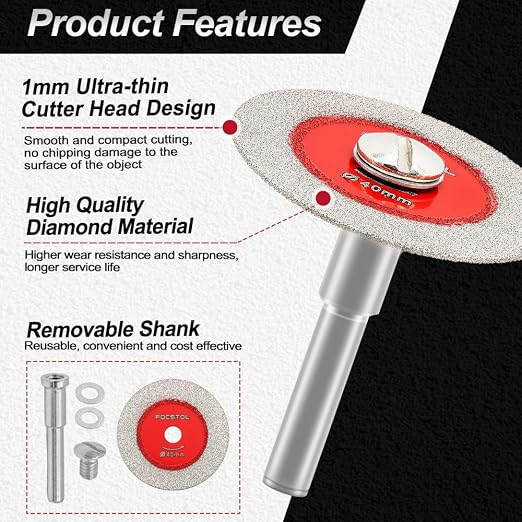 Mini Diamond Glass Cutting Disc - FOCSTOL 5pcs 1-9/16 Inch(40mm) Glass Saw Blade and 1pc 1/4 Inch(6mm) Round Shank for Glass Jade Marble Granite Artificial Stone Porcelain Tile Ceramic