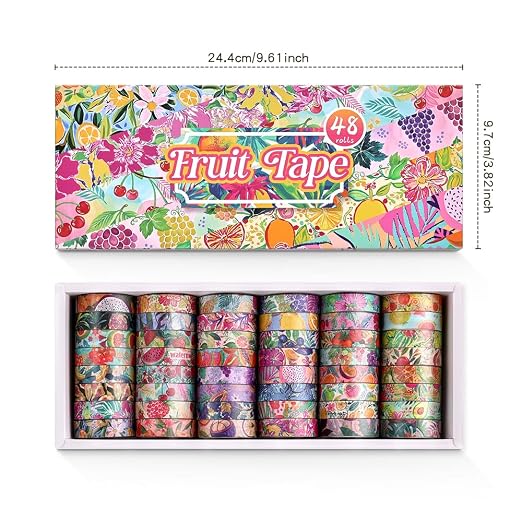 icceemee 48 Rolls Fruit Theme Washi Tape Set, Writable Decorative Tapes for Scrapbooking, Junk Journal Supplies, Bullet Journaling, 0.39"x79" per Roll