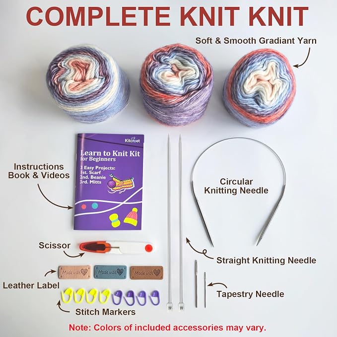 Complete Knitting Kit for Beginners, Scarf, Hat & Gloves, Amethyst Ombre | Kitcroet Knitting Kit Video Tutorials & Written Guide; 2 Types of Needles & Knitting Accessories; 25% Extra Yarn Included