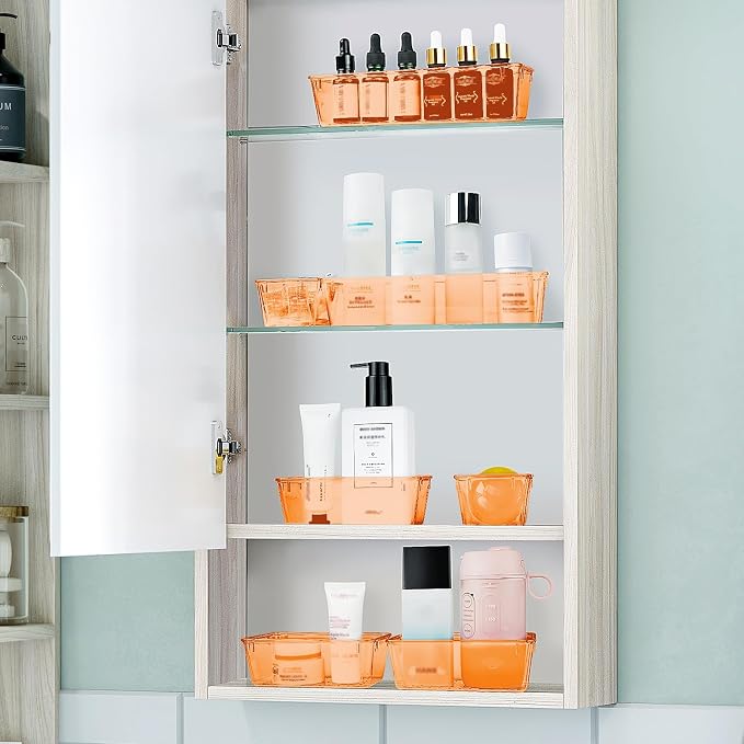 25 PCS Plastic Drawer Organizer Set, Makeup Organizers and Storage Bins | 4 Sizes Desk Drawer Divider Organizers and Storage Bins for Jewelry, Gadgets for Kitchen, Bedroom, Bathroom, Orange