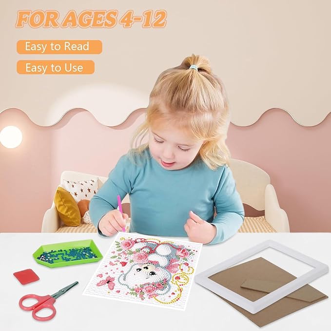 ajepon Bear Diamond Art Kits for Kids with Frame, Animal Diamond Art for Kids Ages 8-12, Cartoon Bear Diamond Painting Kits for Kid with Beautiful Package for Gift Home Wall Decor(7x7inch)
