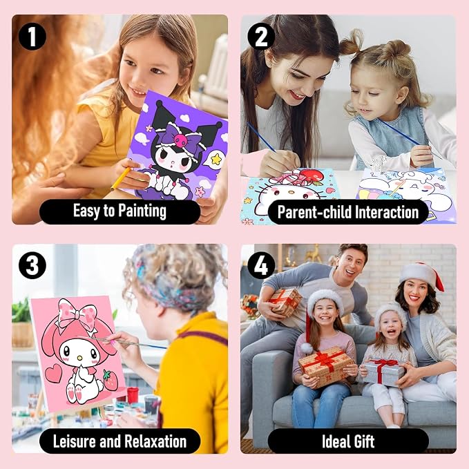 4 Pack Cartoon Paint by Numbers Kit for Kids with Frame - Wooden Easel | Cute Kids Paint by Numbers Ages 4 8 12, Easy DIY Acrylic Oil Painting for Gift Home Wall Decor (8x8 inch)