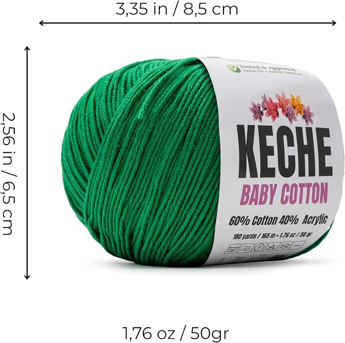Keche Baby Cotton, 60% Cotton 40% Acrylic Yarn, Soft Cotton Yarn for Crochet and Knitting, Amigurumi Yarn 1 Skein/Ball 1.76 Oz (50g) / 180 Yrds (165m) - Kelly Green