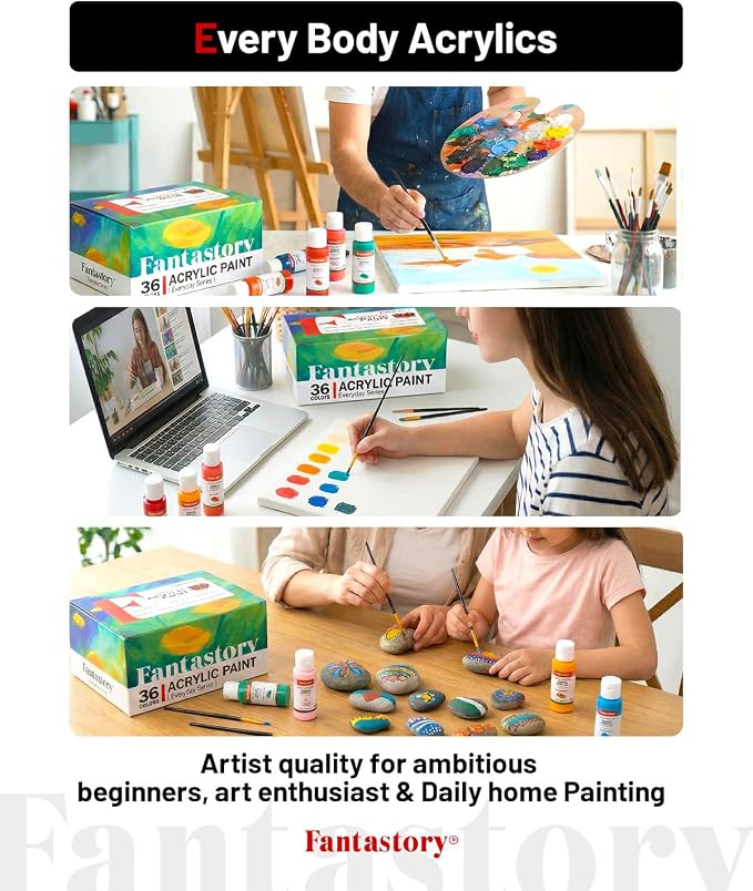 Fantastory 60ml 36 Colors Acrylic Paint Set with 12 Brushes | with 12 Brushes, Chart, Palette, Scraper, Sponge - 3 Metallic, Non-Toxic, Waterproof for Wood, Rock, Canvas, Clay, DIY, 3D