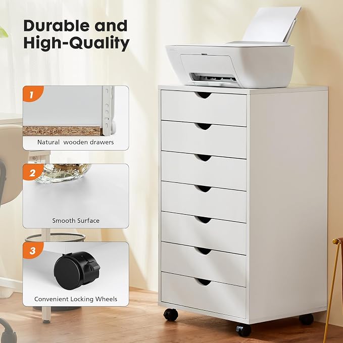 OLIXIS 7 Drawer File Cabinet on Wheels, Printer Stand