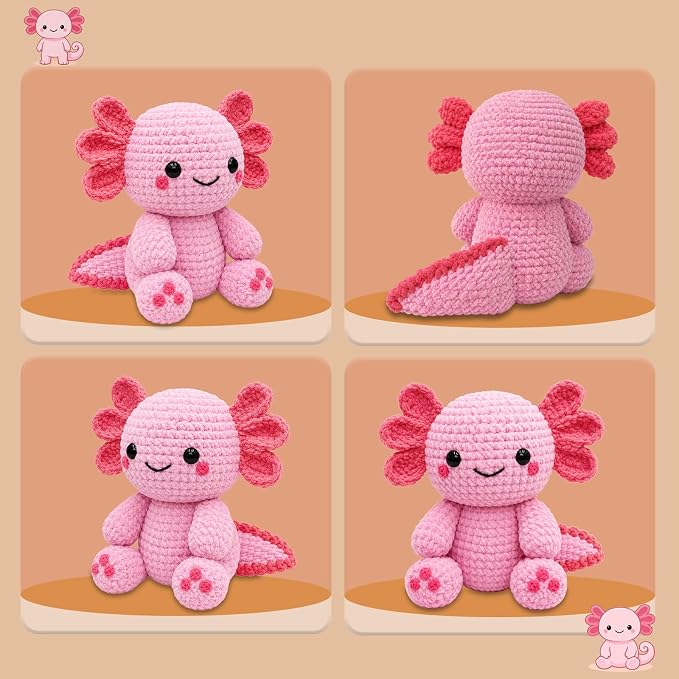CODGP Crochet Kit for Beginners, 11-Inch Axolotl Crochet Kit for Adults | Crochet Starter Kit Gift, Animal Amigurumi Kit, Durable Chenille Yarn, Full Supplies, Step-by-Step Videos, for Crochet Lovers