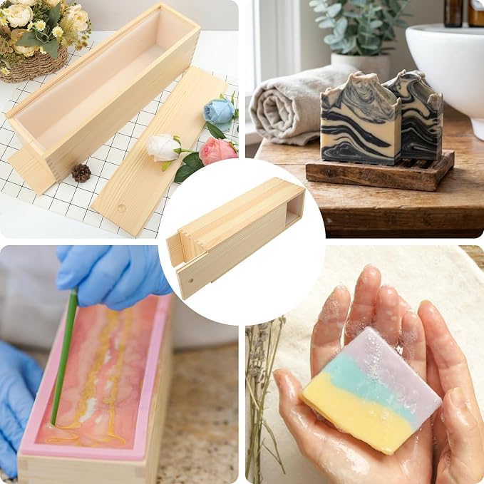 130 oz White Soap molds for Soap Making Large Size, Soap Loaf Wood Box Kit, Soap Bar Wood Box for DIY Supplies, Soap Molld with pull-out Lid(1 wooden box+1 wooden cover+1 silicone soap molld)