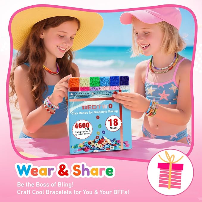 Redtwo 5100 Clay Beads Bracelet Making Kit, Flat Preppy Beads for Friendship Jewelry Making,Polymer Heishi Beads with Charms Gifts for Teen Girls Crafts for Girls Ages 8-12 | Flat Preppy Polymer Beads with Charms Gifts for Teen Girls Crafts for Girls A...