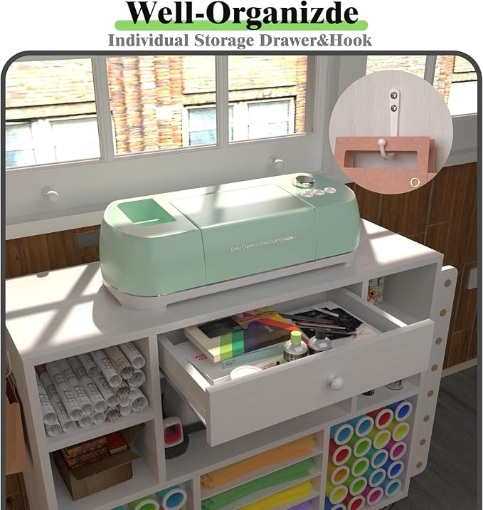 Craft organization and storage Cart Compatible with Cricut Machine, Rolling Craft Organizer With large drawer & 48 Vinyl Roll Holder, Crafting Cabinet Table Workstation for Craft Room Home