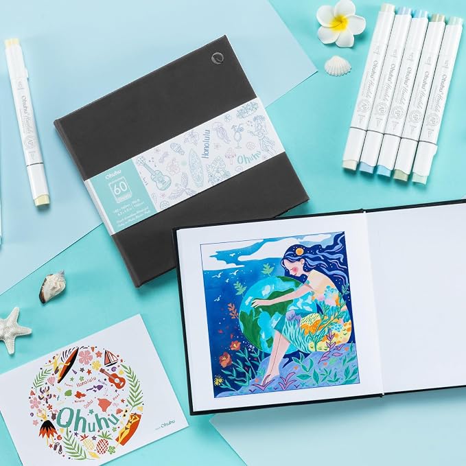 Ohuhu 6.3"x6.3" Double-Sided Bleedproof Marker Pad Art Sketchbook 60 Sheets | Small Square Sketch Book - 90 LB/150 GSM Smooth Drawing Paper - 60 Sheets/120 Pages -Hardcover Sketch Pad for Alcohol Markers