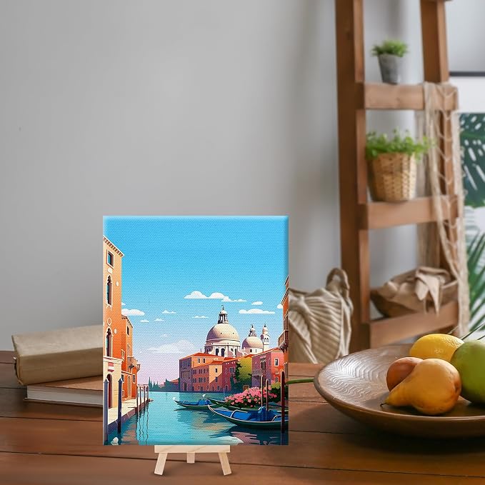 RoundFunny 12 Set Paint by Numbers Kit for Adults Cityscape Painting 8x10 | with Wooden Frame Easel Acrylic Paints Brushes Watercolor Oil, DIY Stress Relief Paint by Number for Beginner Home Wall Decor