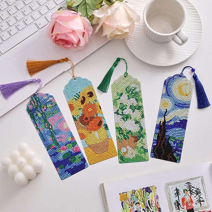 icceemee 4 pcs Oil Painting Themes Diamond Painting Bookmarks, DIY Diamond Art Kits for Adults, Book Corner - Protecting Bookmark Craft Supplies Kits for Book Lovers
