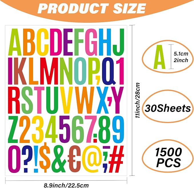 Letter Stickers 30 Sheets 1500 PCS Large Alphabet Sticker 2 Inch Vinyl Self Adhesive Stick on Stickers for Water Bottles Cup Mailbox Number Address Crafts Scrapbook Bulletin Board Decor (Colorful)