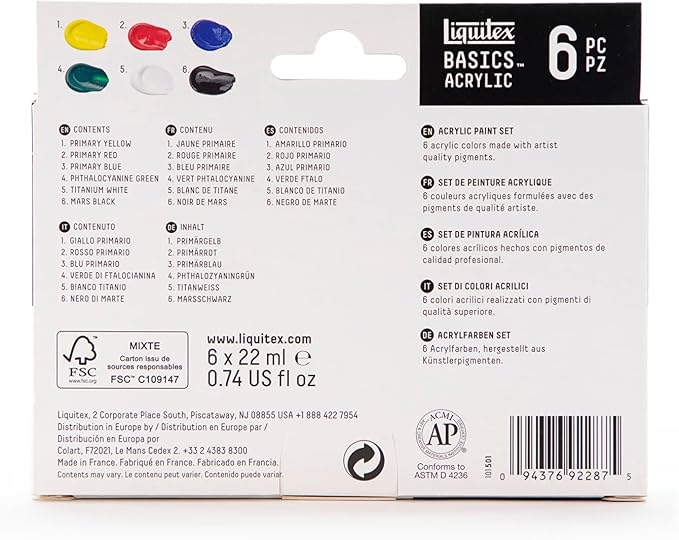 Liquitex BASICS Acrylic Paint Set, 6 x 22ml (0.74-oz) Tubes, Primary | Medium Viscosity, Satin Finish, Lightfast, Fine Art Pigments, Range of Opacities, Easy Blending