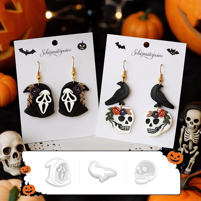 9pcs Halloween Horror Polymer Clay Cutters - Skeleton/Masked Ghost/Skeleton Crow/Demon Scythe, Ideal for April Fools' Day Earrings & Jewelry Making Supplies