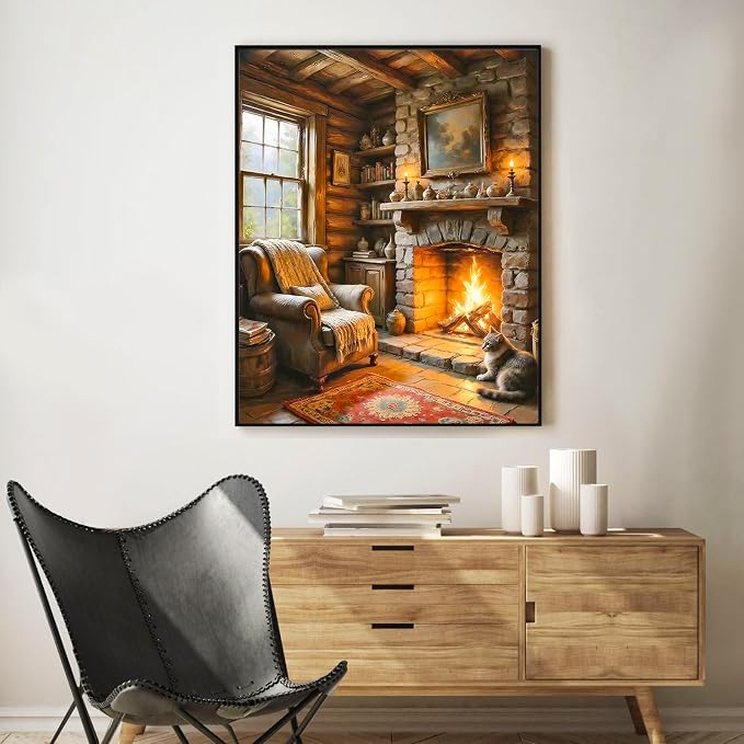 Paint by Numbers Kit for Adults, Cozy Fireplace & Rustic Cabin, 16x20 Inch