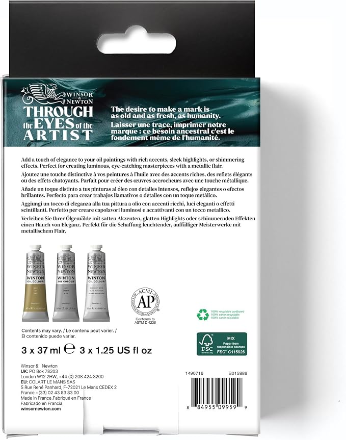 Winsor & Newton Winton Oil Color Paint Set, Metallics, 3 x 37ml Tubes | Artist pigments, Durable, Lightfast, Permanent, Uniform Consistency, Great Pigment Load