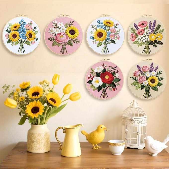 ORIGACH 6 Pack Flower Bouquet Embroidery Kits for Beginners, DIY Starter Hand Embroidery Kit with Sunflower Rose Lavender Patterns and Instructions for Adults Women Crafting