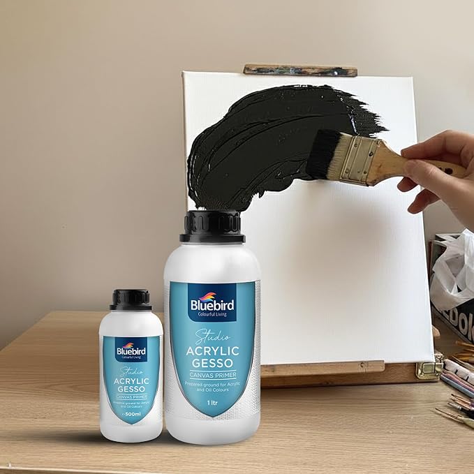 BLUEBIRD Studio Acrylic Gesso - Liquid Gesso Primer for Arylic Painting, Surface Prep Medium (Black, 16.9 Fl Oz)