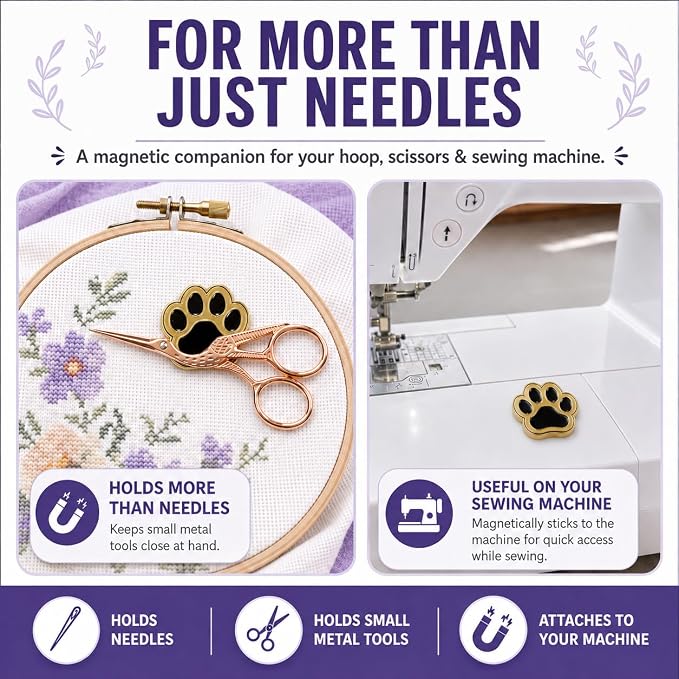 The Quilted Bear Magnetic Needle Minder, Dog Paw | Enamel Needle Keeper for Embroidery & Cross Stitch, Secure Holder for Sewing Needles & Pins, Strong Magnet, Sewing Accessory