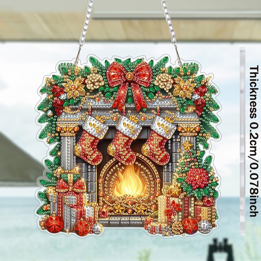 EIBEILI Diamond Art Painting Kits Special Shaped Rhinestone 5D Diamond Art Window Pendants Home Garden Wall Hanging Kits Hanging Ornament,Double Sided(Christmas Fireplace )