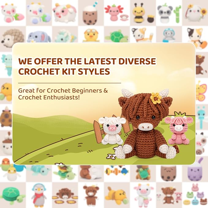 Mewaii Crochet Kit for Beginners, 3 Pack Highland Cows Craft Set | 40% Extra Yarn, Video Tutorial, Pre-Started Piece, Beginner Friendly, Family Craft Gift for Adults & Kids