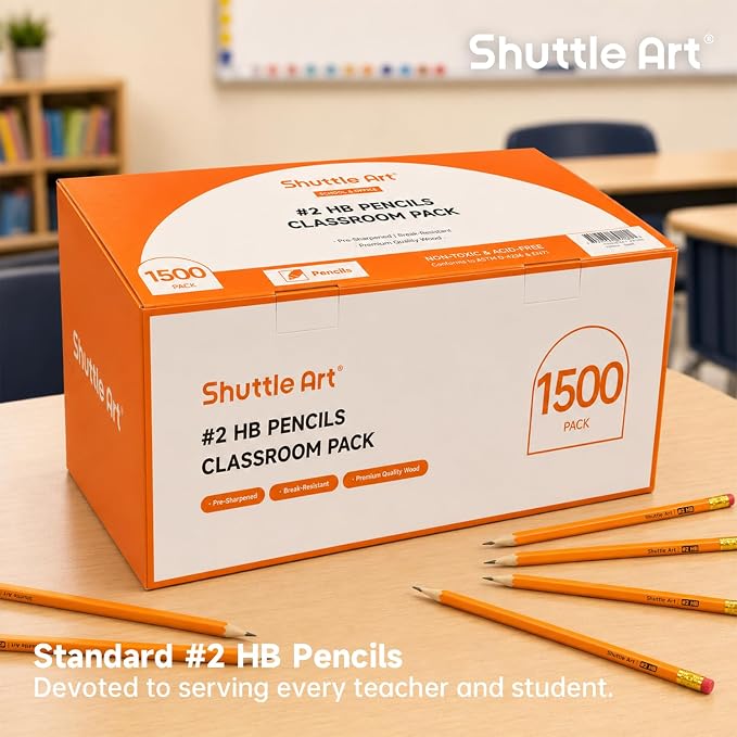 Shuttle Art 1500 Pack #2 HB Pencils Pre-Sharpened, Bulk Pencils with Erasers
