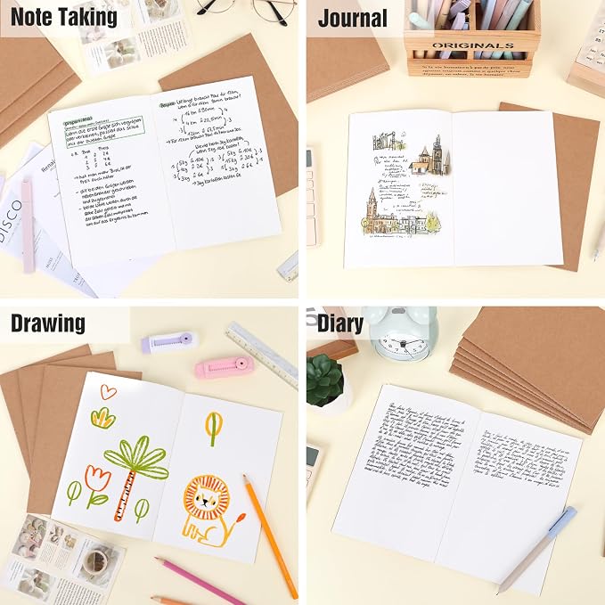 EOOUT 8 Pack Blank Kraft Notebooks, A5 Journals Notebook Bulk, Unlined Paper Sketchbooks, 8.3 x 5.5 inches 60 Pages Travel Journal Set for Journaling, Student, Kids, Writing