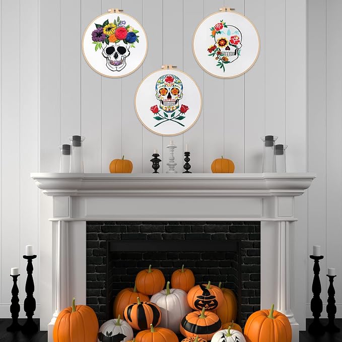 Nuberlic 3 Pack Embroidery Kit for Beginners, Halloween Skull Cross Stitch