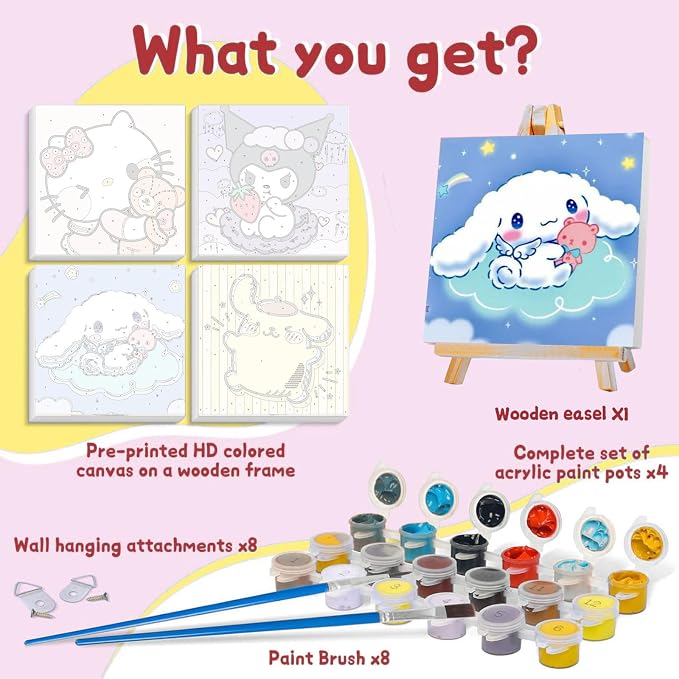 4 Pack Cartoon Paint by Numbers Kit for Kids with Frame Wooden Easel | Cute Kids Paint by Numbers Ages 4 8 12, DIY Acrylic Oil Painting for Home Wall Decor (8x8 inch)